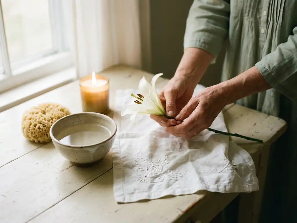 Handen die een witte lelie vasthouden boven een linnen doek, met een keramische kom water en natuurlijke spons op een houten ondergrond.