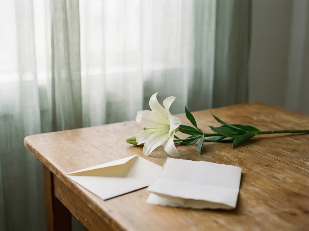 Witte lelie op houten ondergrond naast een open envelop en gevouwen document, zacht natuurlijk licht, rustige en waardige sfeer.