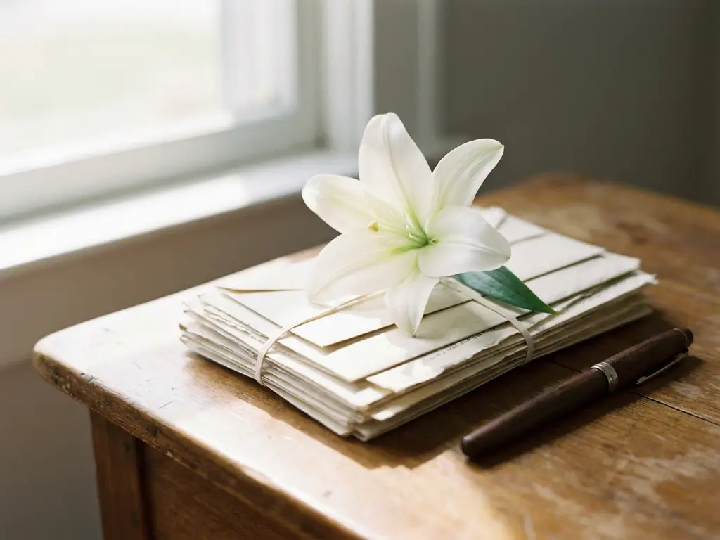 Witte lelie op een stapel officiële documenten en enveloppen naast een vulpen op een houten tafel, zacht natuurlijk licht.