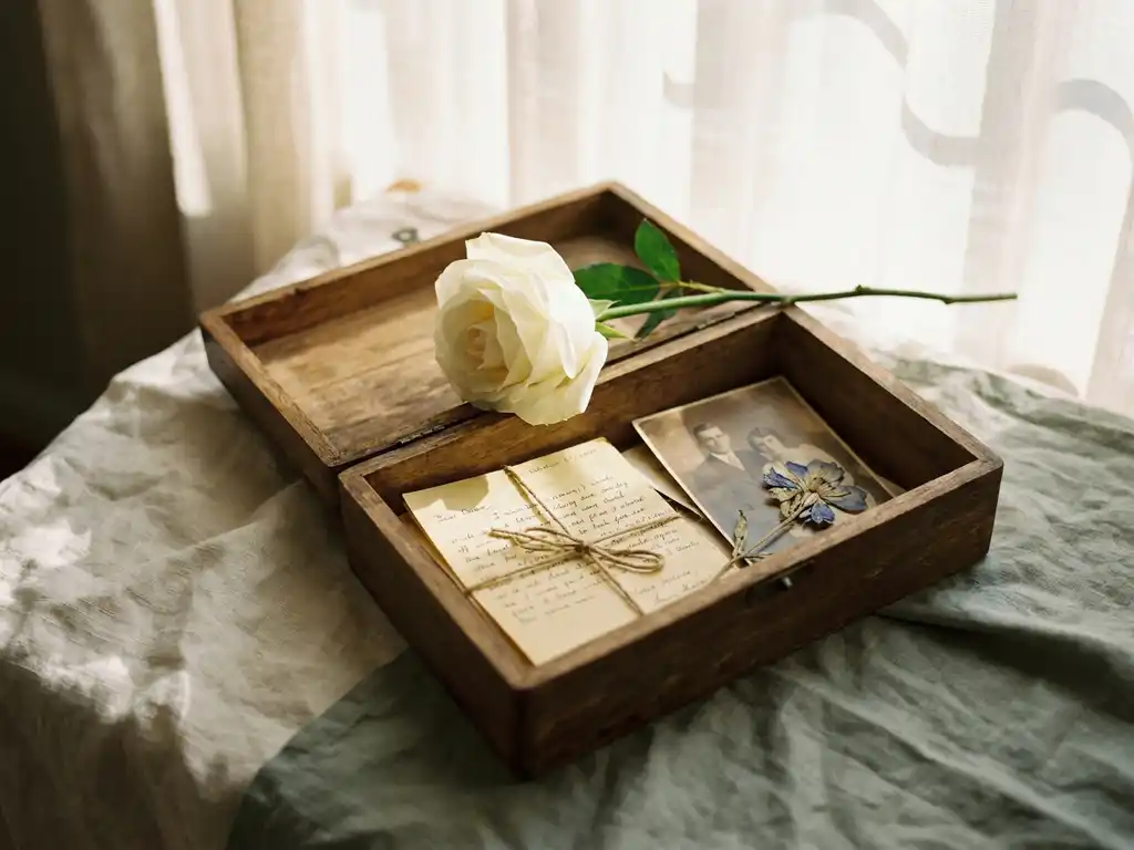 Witte roos op een houten herinneringsdoos met handgeschreven brief, vintage foto en gedroogde bloem, zacht middaglicht.
