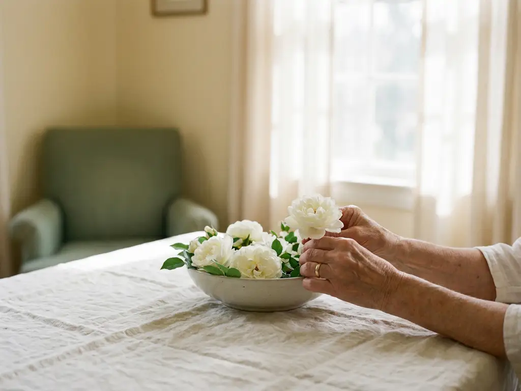 Handen die witte rozen schikken op ivoren linnen, zacht natuurlijk licht, serene sfeer met crème en saliegroen tinten.