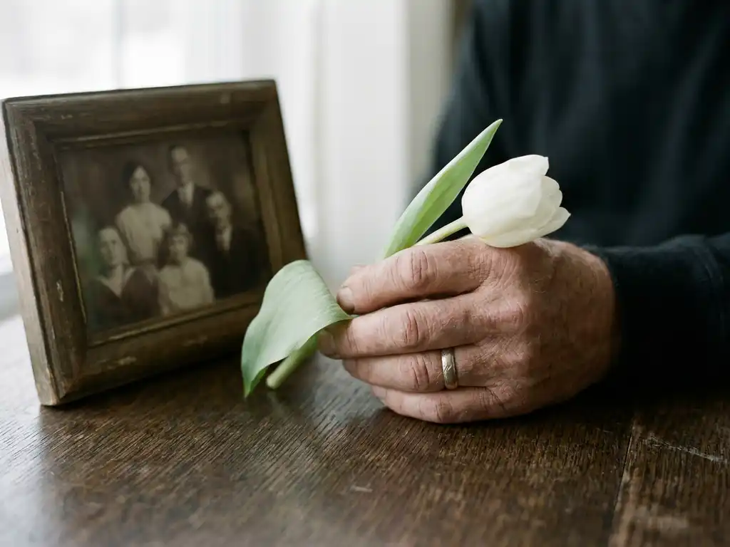 Verweerde hand die een witte tulp vasthoudt op een donkere eikenhouten tafel, met een wazig ingelijste familyfoto op de achtergrond.