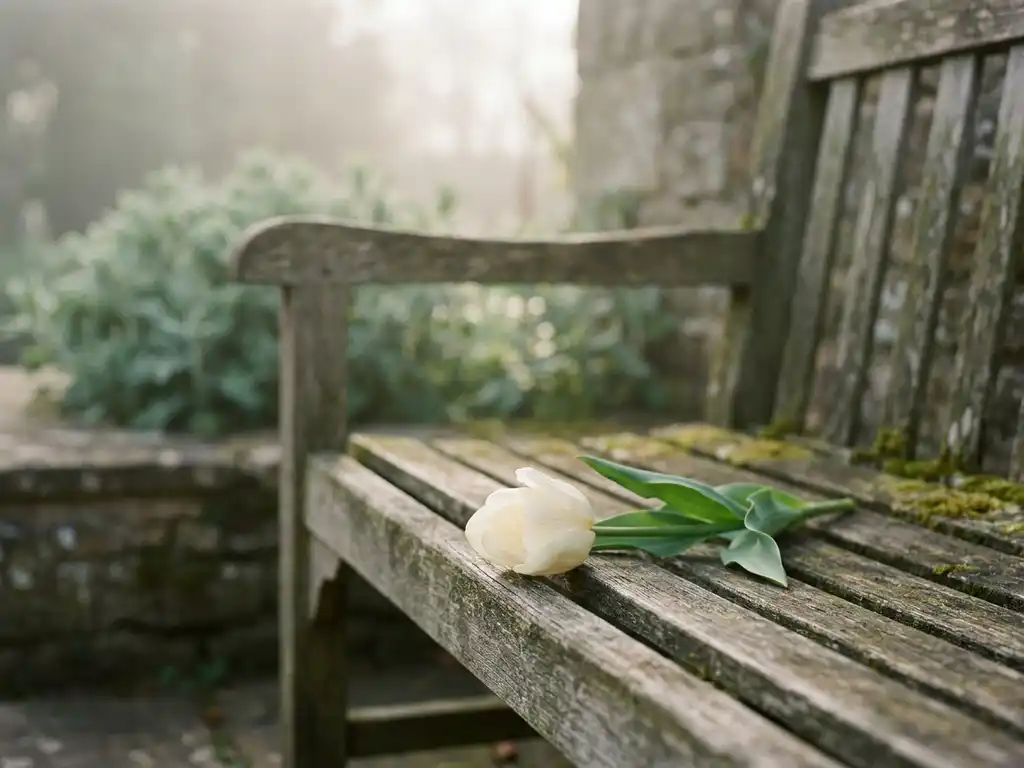 Witte tulp op een verweerde houten tuinbank, omhuld door ochtendmist en zachte natuurlijke belichting.