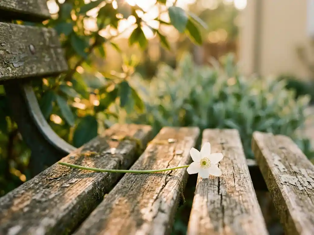 Witte wilde bloem op een verweerde houten bank in een zonnige tuin, met zachte groene achtergrond en warm middaglicht.