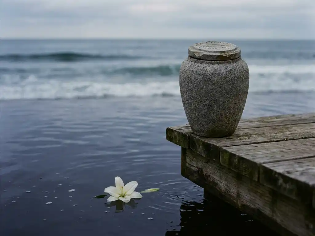 Verweerde granieten zee-urn op een houten steiger, met kalme oceaangolven en een drijvende witte bloem op het donkere water.